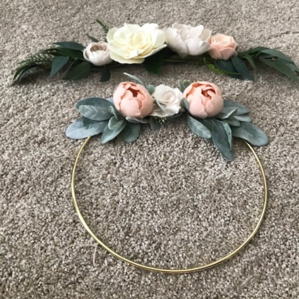 Set of 2 Farmhouse Shabby Chic Lambs Ear Floral Wall Gold Hoop & Wall Swag.